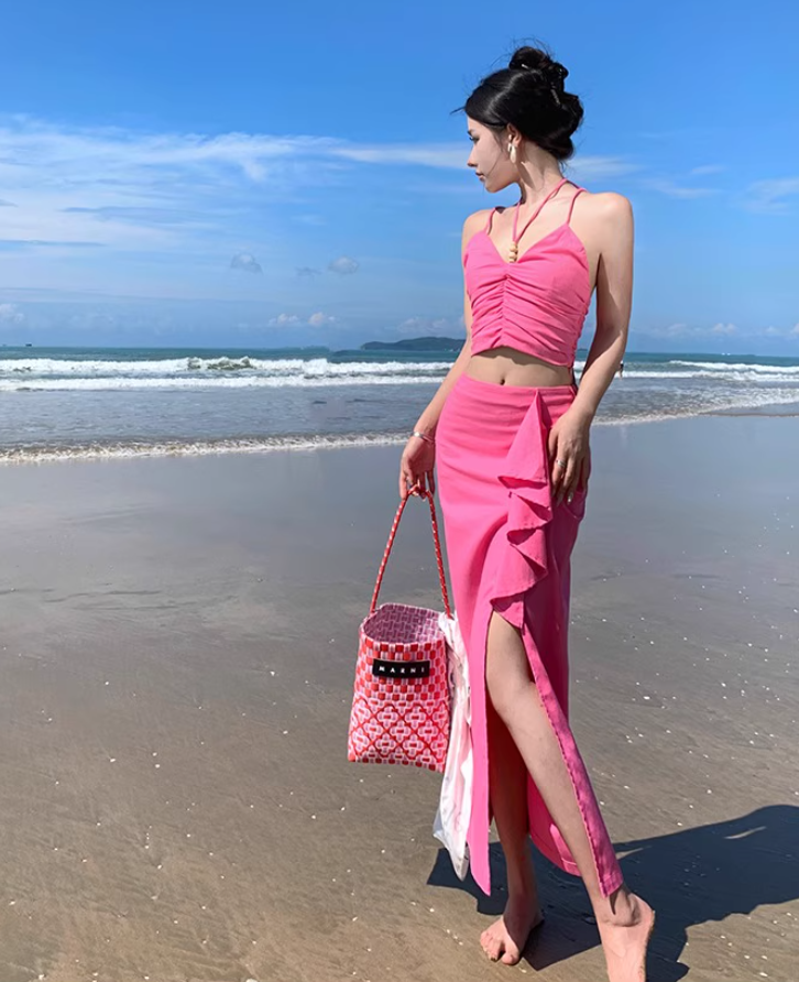 Bright Pink Two-Piece Ruffled Slit Maxi Dress Summer Beach Spaghetti Strap Long Dress AP1094