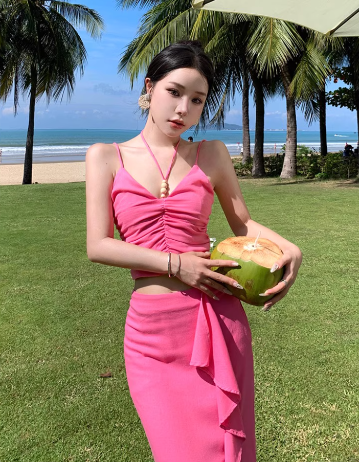 Bright Pink Two-Piece Ruffled Slit Maxi Dress Summer Beach Spaghetti Strap Long Dress AP1094