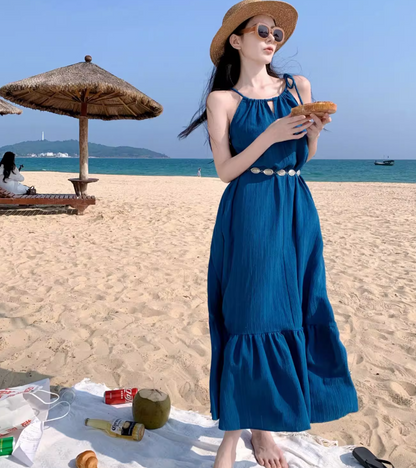 Vibrant Summer Beach Hollow-Out Maxi Dress Flowy Backless Breathable Fabric Halter Dress AP1095