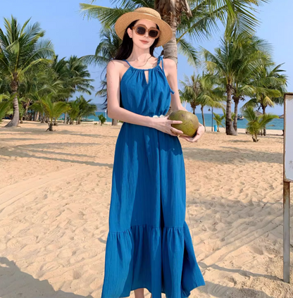 Vibrant Summer Beach Hollow-Out Maxi Dress Flowy Backless Breathable Fabric Halter Dress AP1095