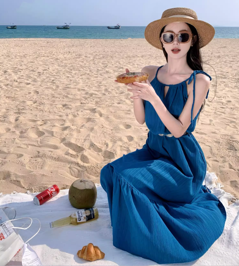 Vibrant Summer Beach Hollow-Out Maxi Dress Flowy Backless Breathable Fabric Halter Dress AP1095