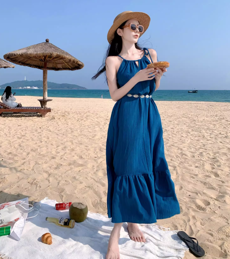 Vibrant Summer Beach Hollow-Out Maxi Dress Flowy Backless Breathable Fabric Halter Dress AP1095