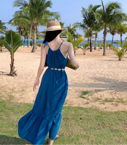 Vibrant Summer Beach Hollow-Out Maxi Dress Flowy Backless Breathable Fabric Halter Dress AP1095