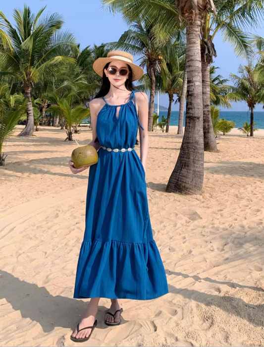 Vibrant Summer Beach Hollow-Out Maxi Dress Flowy Backless Breathable Fabric Halter Dress AP1095
