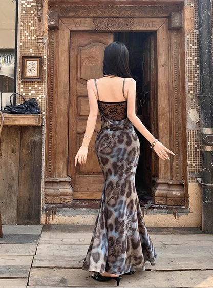 Bohemian Lace-Up Cutout Leopard Print Mermaid Maxi Dress Sexy Spaghetti Strap Long Dress AP1096