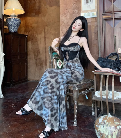 Bohemian Lace-Up Cutout Leopard Print Mermaid Maxi Dress Sexy Spaghetti Strap Long Dress AP1096