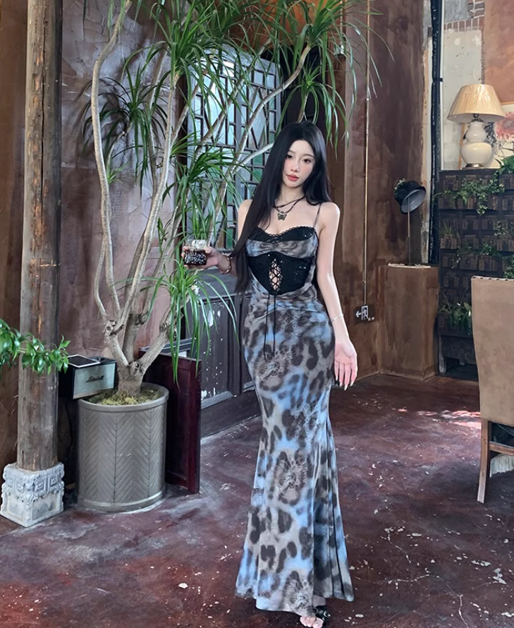 Bohemian Lace-Up Cutout Leopard Print Mermaid Maxi Dress Sexy Spaghetti Strap Long Dress AP1096