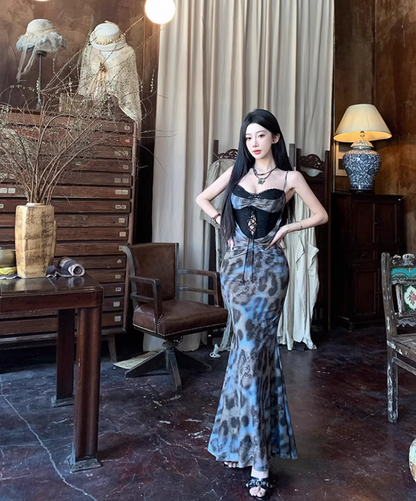 Bohemian Lace-Up Cutout Leopard Print Mermaid Maxi Dress Sexy Spaghetti Strap Long Dress AP1096