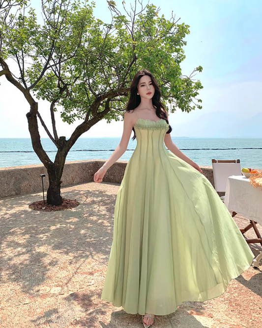 Elegant Light Green Maxi Dress Flowy Ruffled Neckline Spaghetti Strap Long Dress AP1097