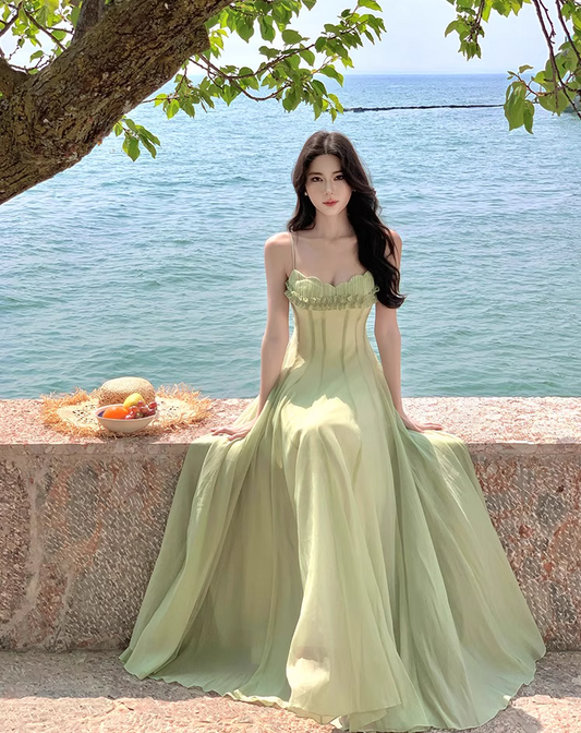 Elegant Light Green Maxi Dress Flowy Ruffled Neckline Spaghetti Strap Long Dress AP1097