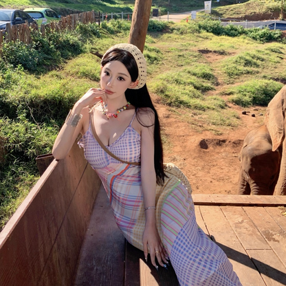 Vibrant Colorful Plaid Patchwork Maxi Dress Outdoor Vacation Spaghetti Strap Long Dress AP1098