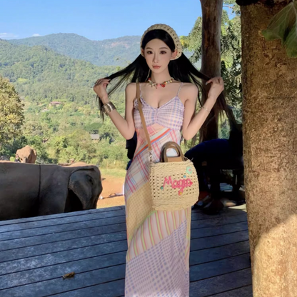 Vibrant Colorful Plaid Patchwork Maxi Dress Outdoor Vacation Spaghetti Strap Long Dress AP1098