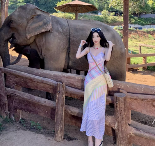 Vibrant Colorful Plaid Patchwork Maxi Dress Outdoor Vacation Spaghetti Strap Long Dress AP1098