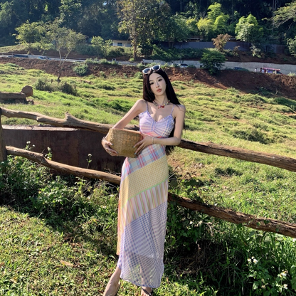 Vibrant Colorful Plaid Patchwork Maxi Dress Outdoor Vacation Spaghetti Strap Long Dress AP1098
