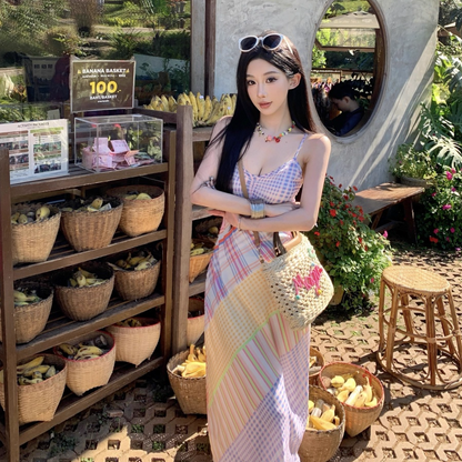 Vibrant Colorful Plaid Patchwork Maxi Dress Outdoor Vacation Spaghetti Strap Long Dress AP1098