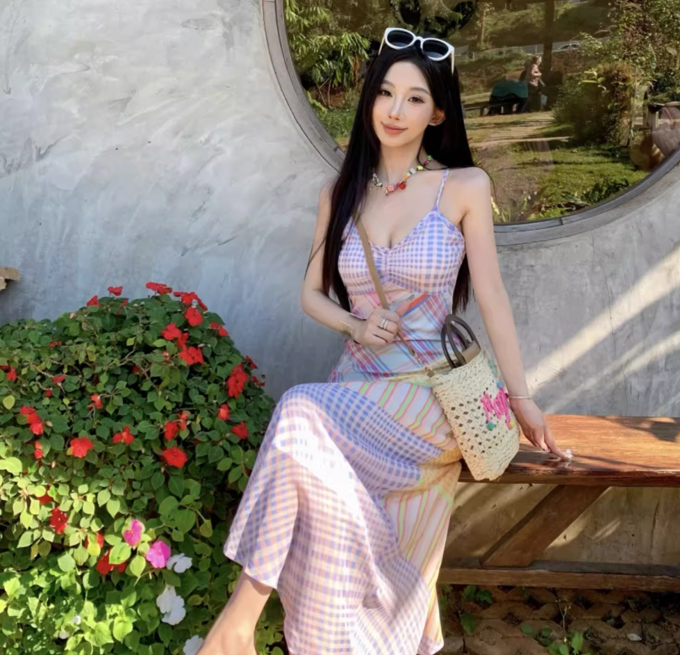 Vibrant Colorful Plaid Patchwork Maxi Dress Outdoor Vacation Spaghetti Strap Long Dress AP1098