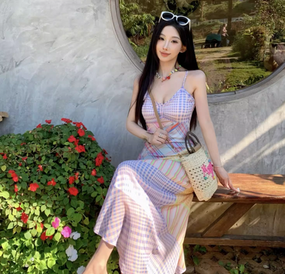 Vibrant Colorful Plaid Patchwork Maxi Dress Outdoor Vacation Spaghetti Strap Long Dress AP1098