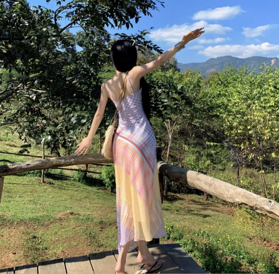 Vibrant Colorful Plaid Patchwork Maxi Dress Outdoor Vacation Spaghetti Strap Long Dress AP1098