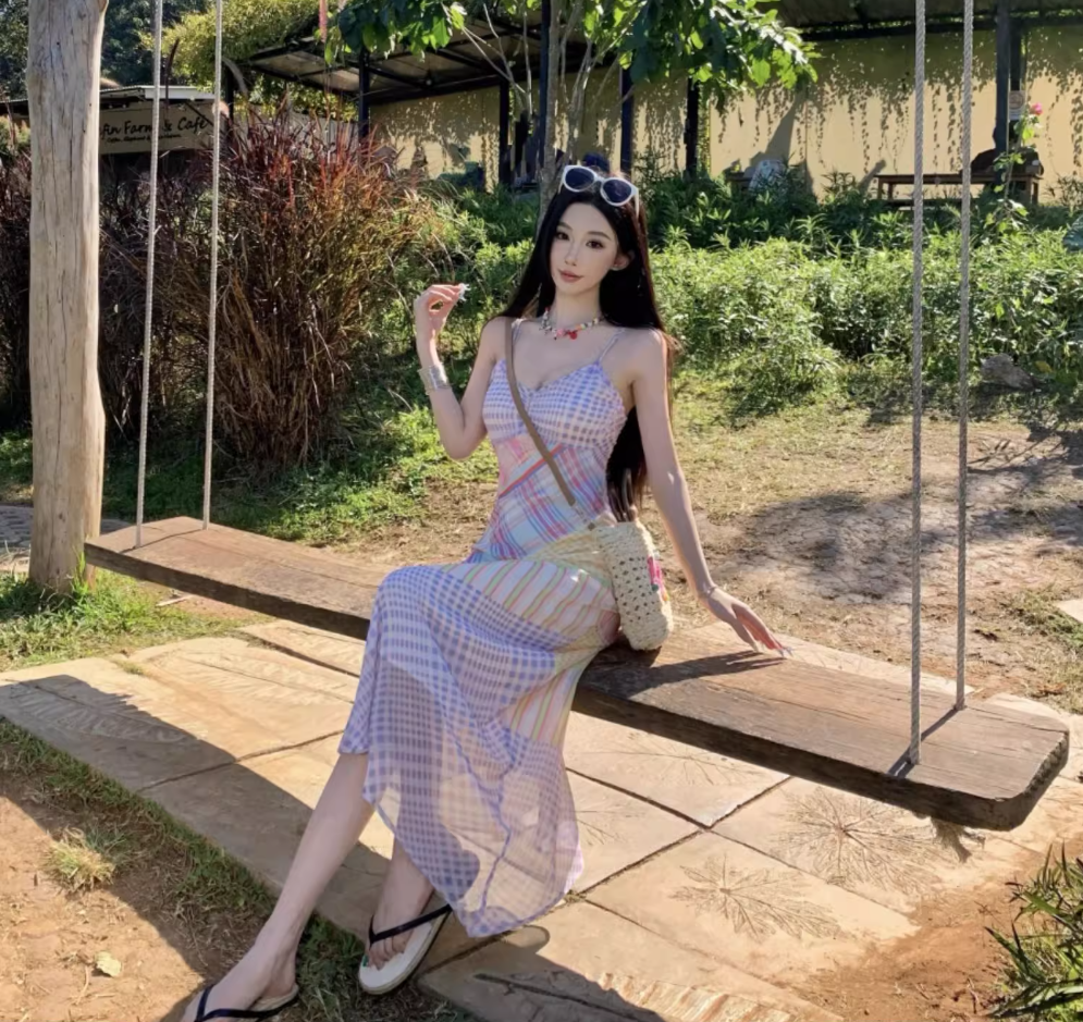 Vibrant Colorful Plaid Patchwork Maxi Dress Outdoor Vacation Spaghetti Strap Long Dress AP1098