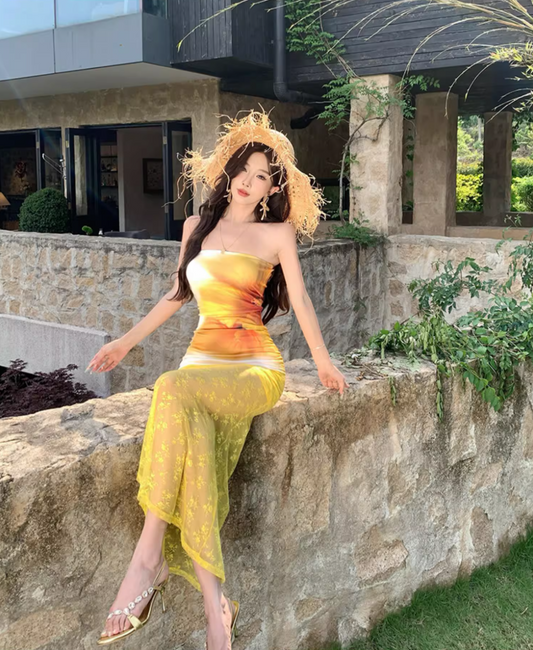 Vintage Sheer Lace Mesh Splicing Skirt Long Dress Hot Girls Sunflower Gradient Print Long Dress AP1099