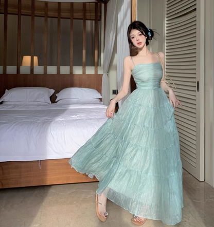 Ethereal Light Mint Green Fitted Bodice Maxi Dress Flowy Spaghetti Strap Long Dress AP1100