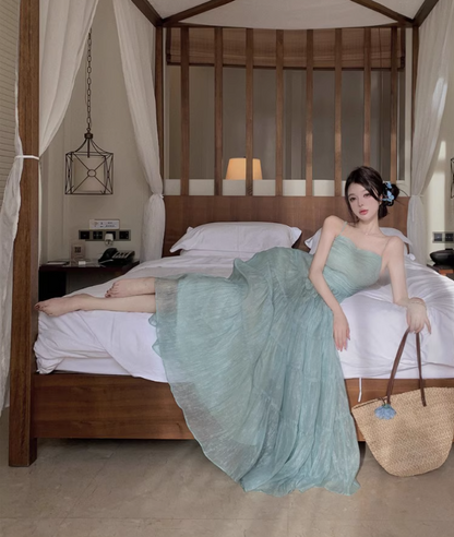 Ethereal Light Mint Green Fitted Bodice Maxi Dress Flowy Spaghetti Strap Long Dress AP1100