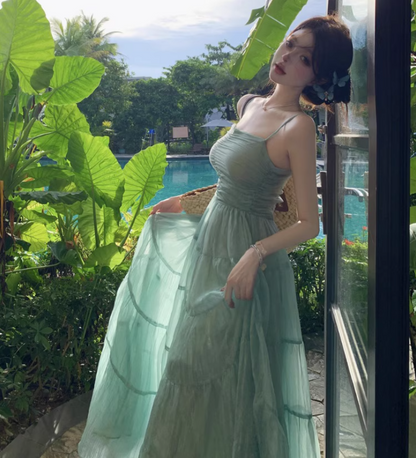 Ethereal Light Mint Green Fitted Bodice Maxi Dress Flowy Spaghetti Strap Long Dress AP1100