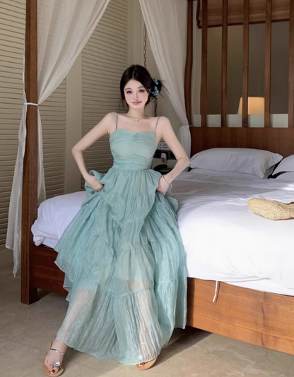 Ethereal Light Mint Green Fitted Bodice Maxi Dress Flowy Spaghetti Strap Long Dress AP1100