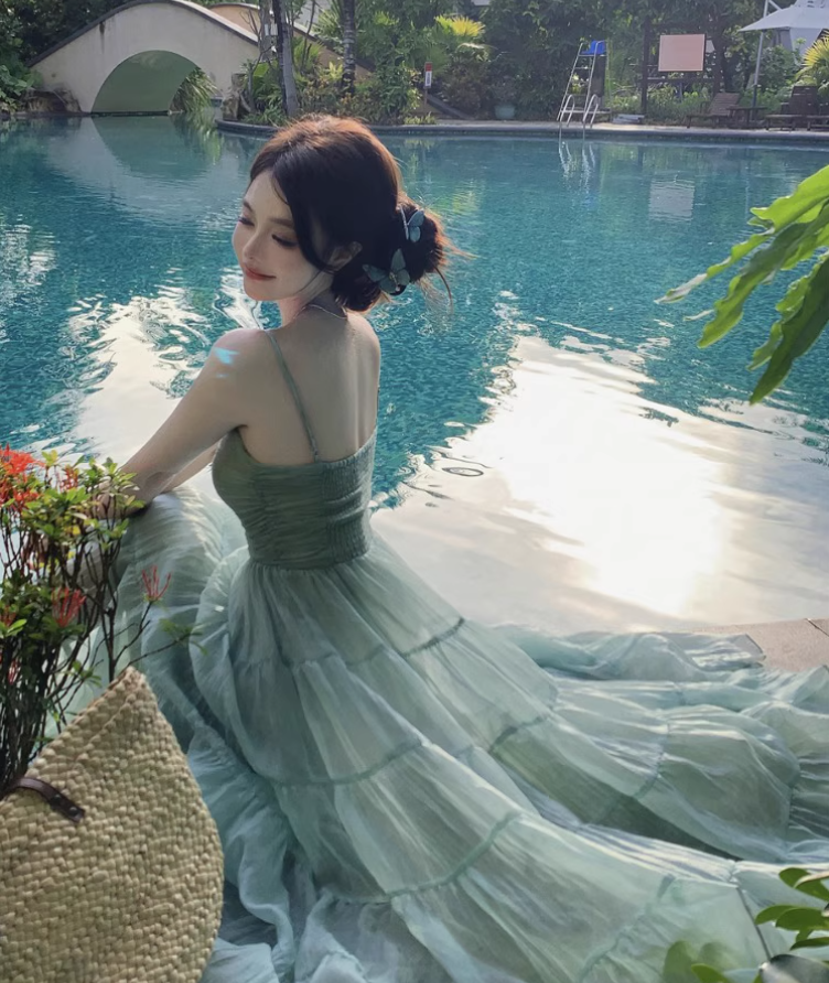 Ethereal Light Mint Green Fitted Bodice Maxi Dress Flowy Spaghetti Strap Long Dress AP1100