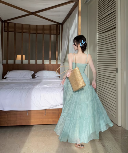 Ethereal Light Mint Green Fitted Bodice Maxi Dress Flowy Spaghetti Strap Long Dress AP1100