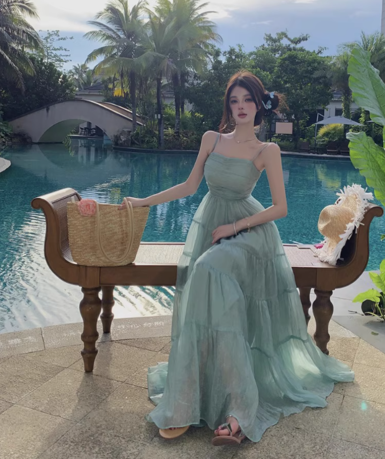 Ethereal Light Mint Green Fitted Bodice Maxi Dress Flowy Spaghetti Strap Long Dress AP1100