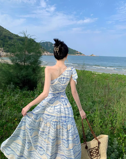 Beach Vacation Blue Wave Print Long Dress Asymmetric Neckline One-Shoulder Long Dress AP1101