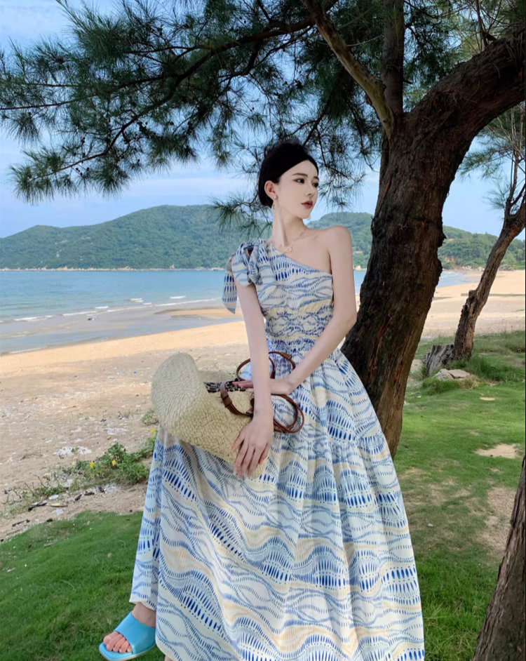Beach Vacation Blue Wave Print Long Dress Asymmetric Neckline One-Shoulder Long Dress AP1101