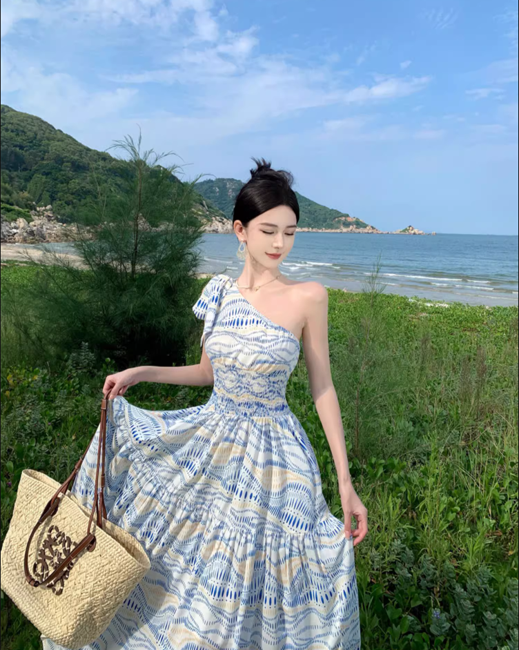 Beach Vacation Blue Wave Print Long Dress Asymmetric Neckline One-Shoulder Long Dress AP1101