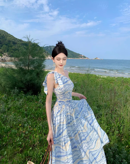 Beach Vacation Blue Wave Print Long Dress Asymmetric Neckline One-Shoulder Long Dress AP1101