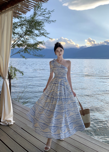Beach Vacation Blue Wave Print Long Dress Asymmetric Neckline One-Shoulder Long Dress AP1101