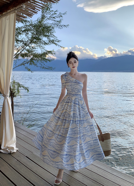 Beach Vacation Blue Wave Print Long Dress Asymmetric Neckline One-Shoulder Long Dress AP1101