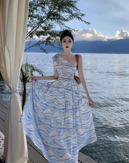 Beach Vacation Blue Wave Print Long Dress Asymmetric Neckline One-Shoulder Long Dress AP1101