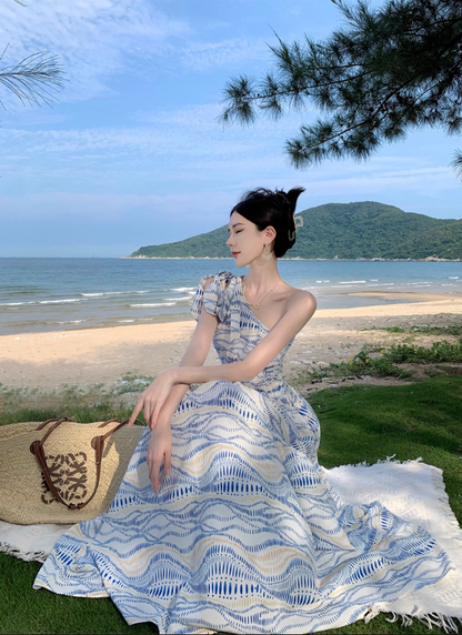 Beach Vacation Blue Wave Print Long Dress Asymmetric Neckline One-Shoulder Long Dress AP1101