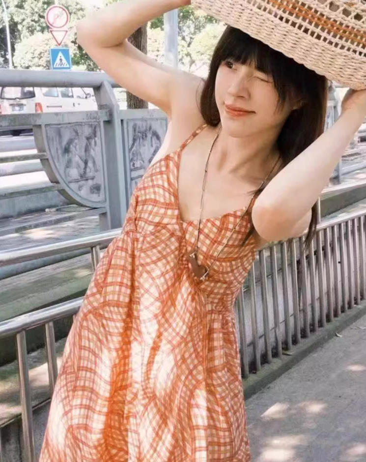 Boho-Inspired Orange Plaid Beachwear Maxi Dress Flowy Spaghetti Strap Long Dress AP1102