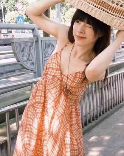 Boho-Inspired Orange Plaid Beachwear Maxi Dress Flowy Spaghetti Strap Long Dress AP1102