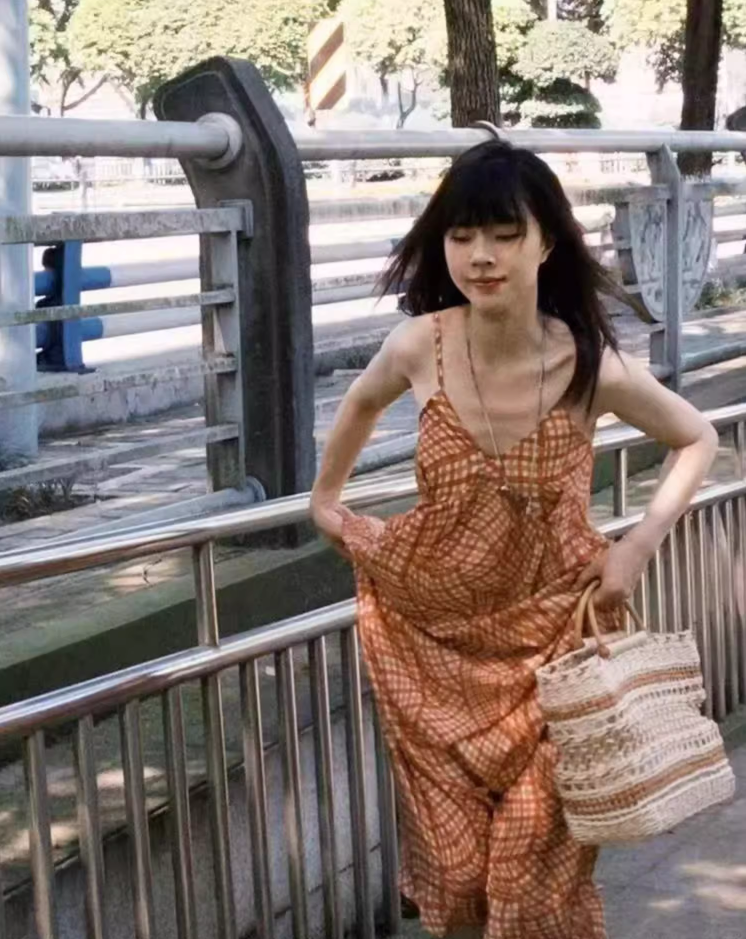 Boho-Inspired Orange Plaid Beachwear Maxi Dress Flowy Spaghetti Strap Long Dress AP1102