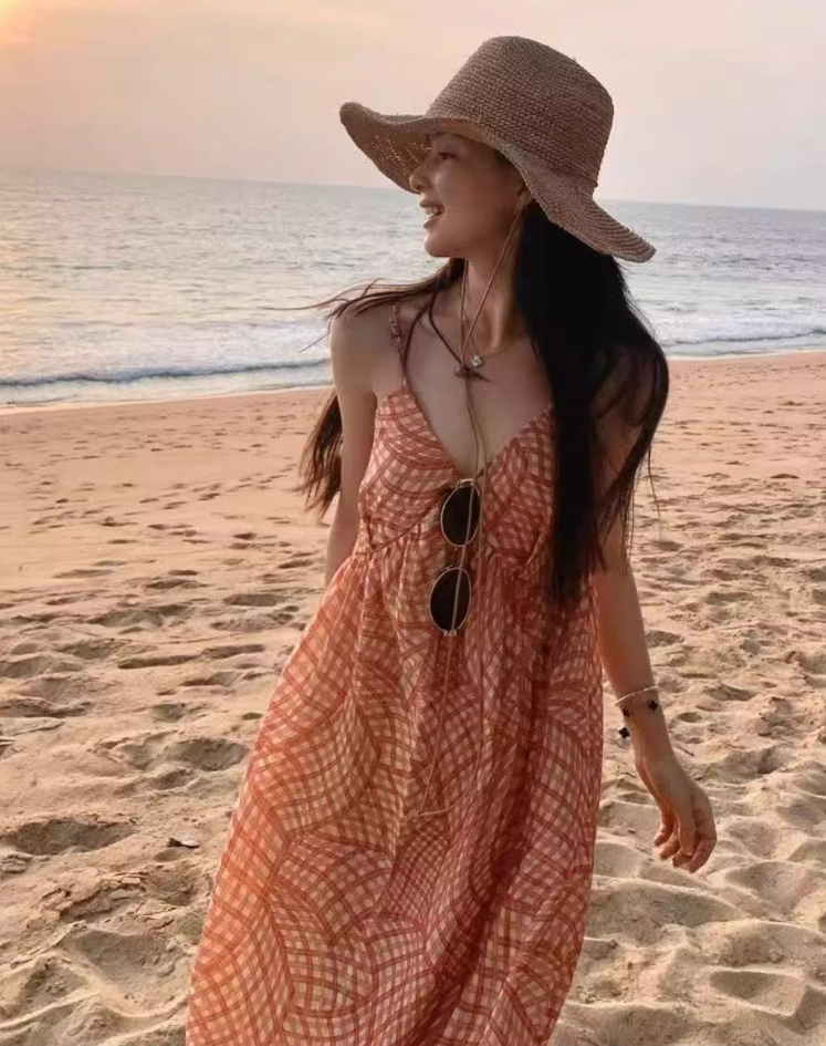 Boho-Inspired Orange Plaid Beachwear Maxi Dress Flowy Spaghetti Strap Long Dress AP1102