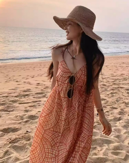 Boho-Inspired Orange Plaid Beachwear Maxi Dress Flowy Spaghetti Strap Long Dress AP1102