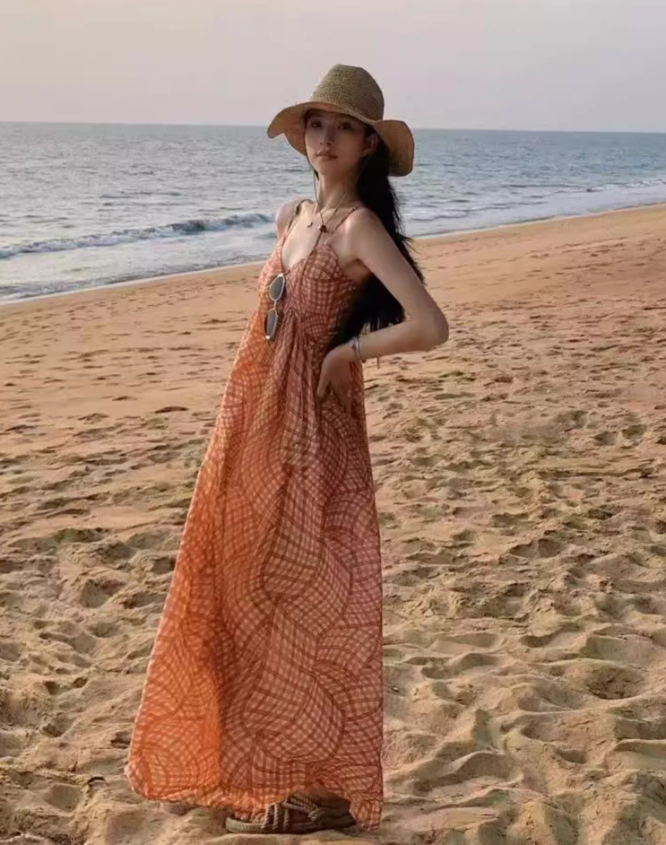 Boho-Inspired Orange Plaid Beachwear Maxi Dress Flowy Spaghetti Strap Long Dress AP1102