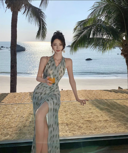 Elegant Getaways Slim-Fit Maxi Dress Flowy Backless Gathered Slit Halter Long Dress AP1103