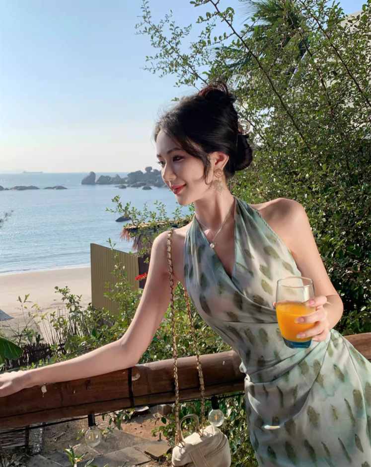 Elegant Getaways Slim-Fit Maxi Dress Flowy Backless Gathered Slit Halter Long Dress AP1103