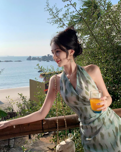 Elegant Getaways Slim-Fit Maxi Dress Flowy Backless Gathered Slit Halter Long Dress AP1103