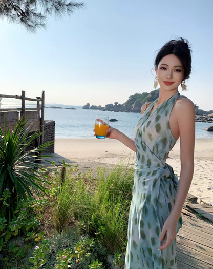 Elegant Getaways Slim-Fit Maxi Dress Flowy Backless Gathered Slit Halter Long Dress AP1103