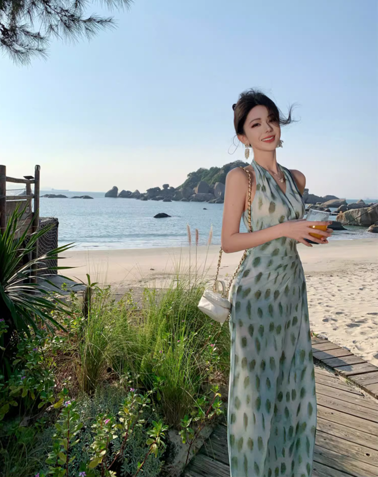 Elegant Getaways Slim-Fit Maxi Dress Flowy Backless Gathered Slit Halter Long Dress AP1103